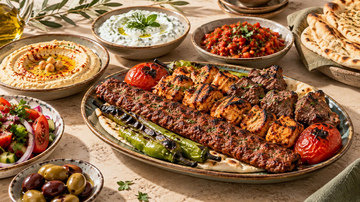 Illustrative charcoal-grilled shish kebabs with Mediterranean meze
